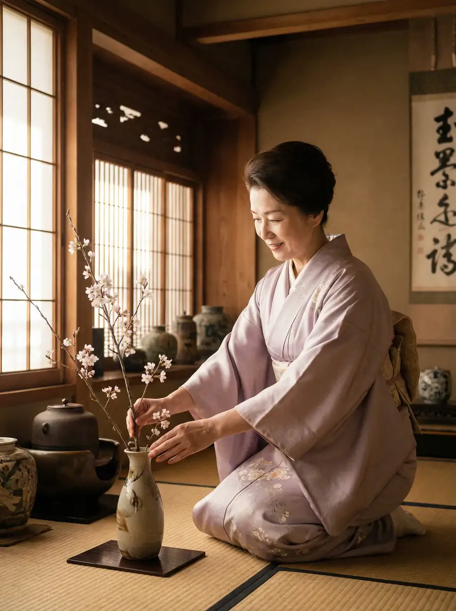 一位优雅的 伟德国际平台 在和室中插花