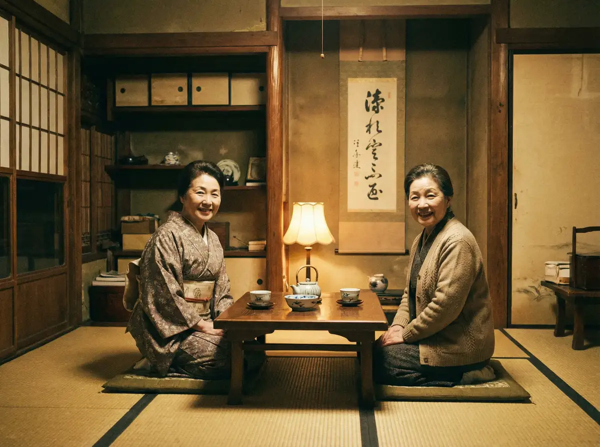 两位优雅的 伟德国际平台 在日式茶室中品茶交谈